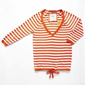 NWT Striped V-Neck 3/4 Sleeve Tie Hem Knit Top S